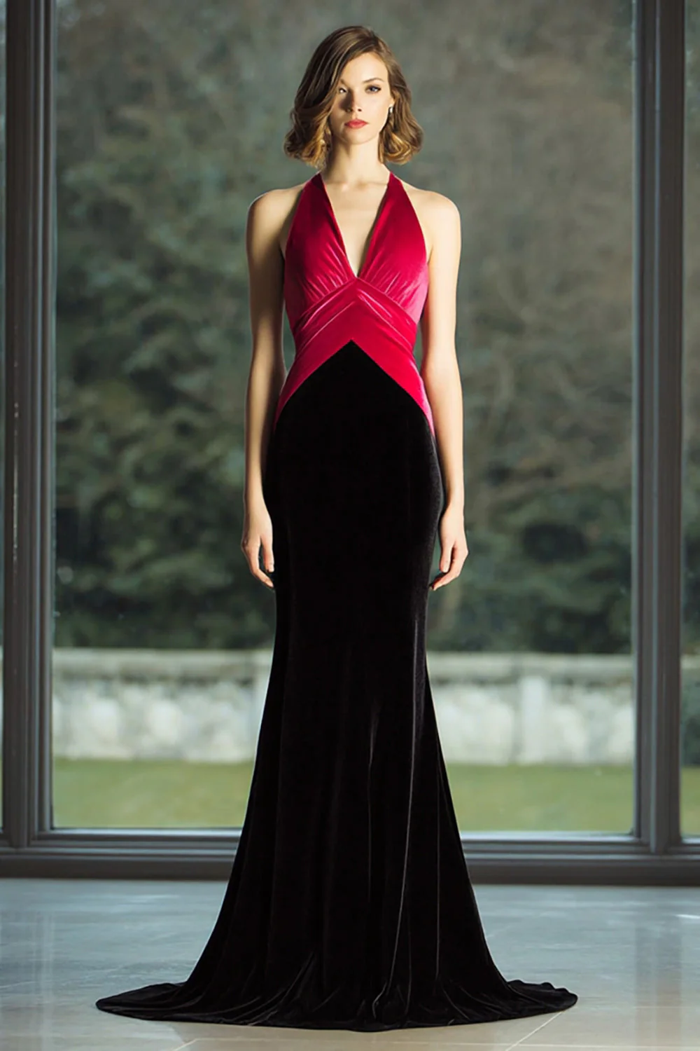 Robe longue formelle en velours sirène noir et fuchsia