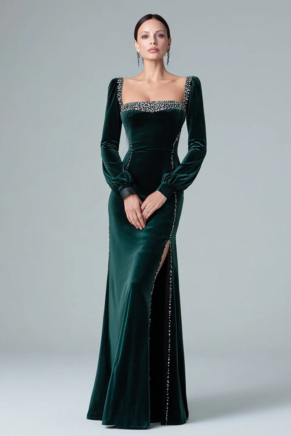 Robe longue formelle en velours sirène vert foncé scintillante avec fente