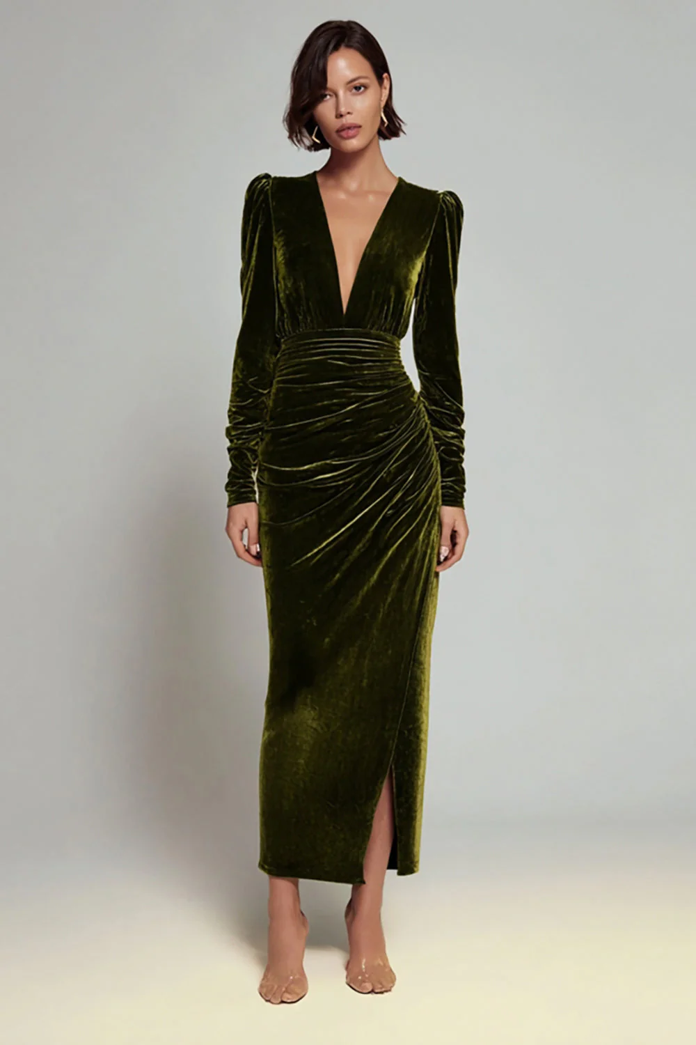 Robe longue formelle en velurs froncé à col en V olive avec fente - Image 3