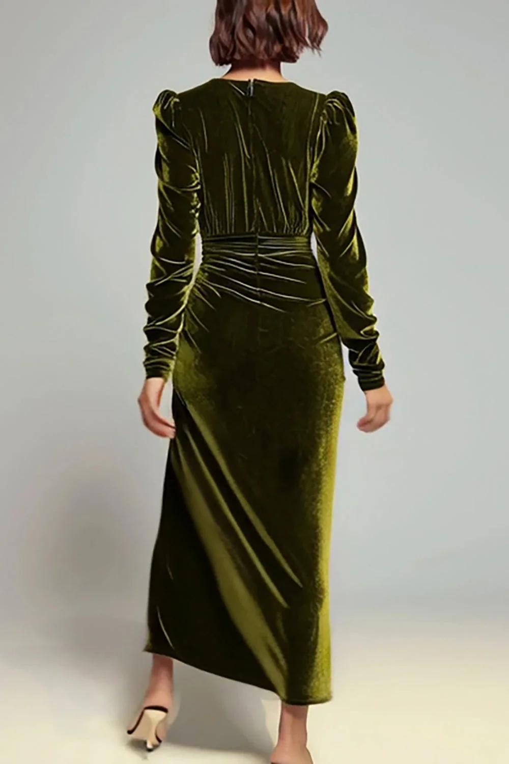 Robe longue formelle en velurs froncé à col en V olive avec fente - Image 4