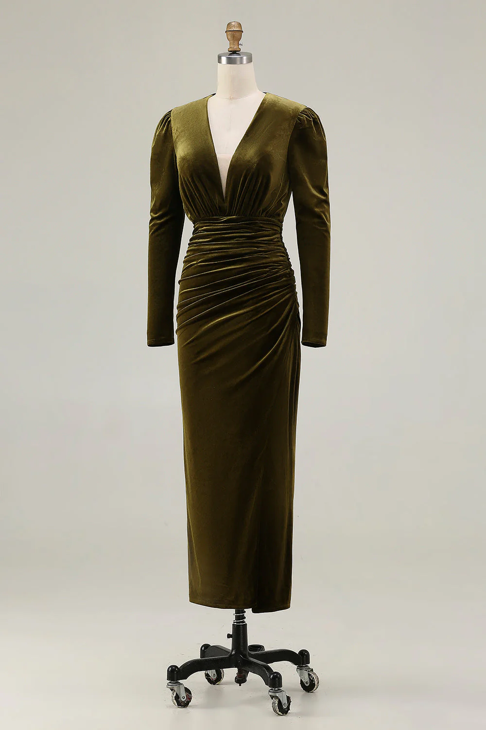 Robe longue formelle en velurs froncé à col en V olive avec fente - Image 5