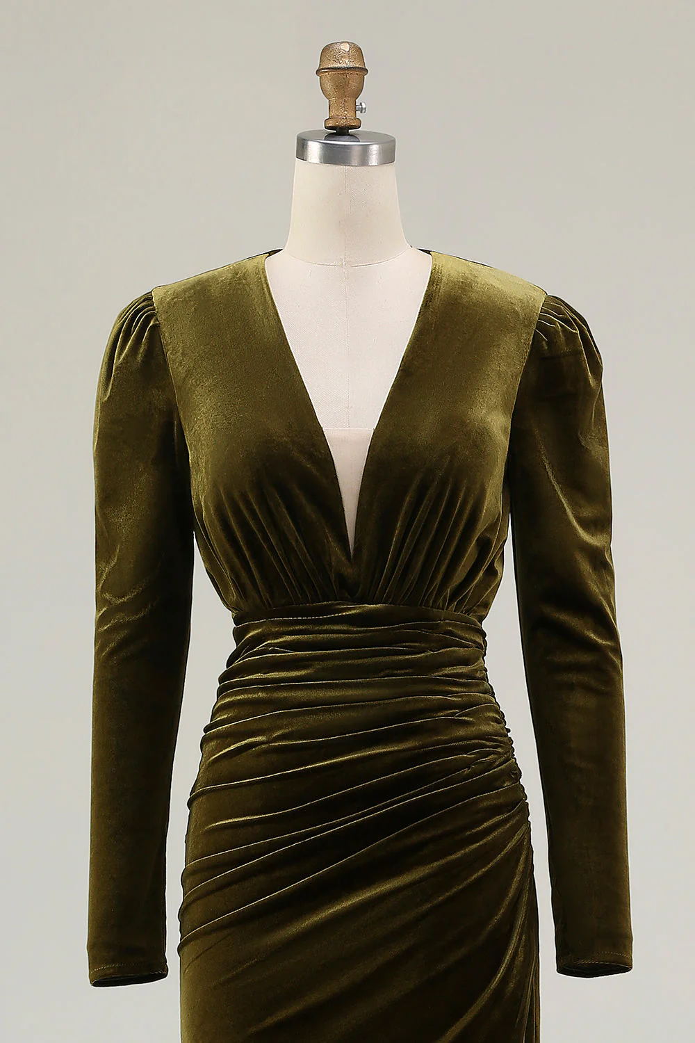 Robe longue formelle en velurs froncé à col en V olive avec fente - Image 6