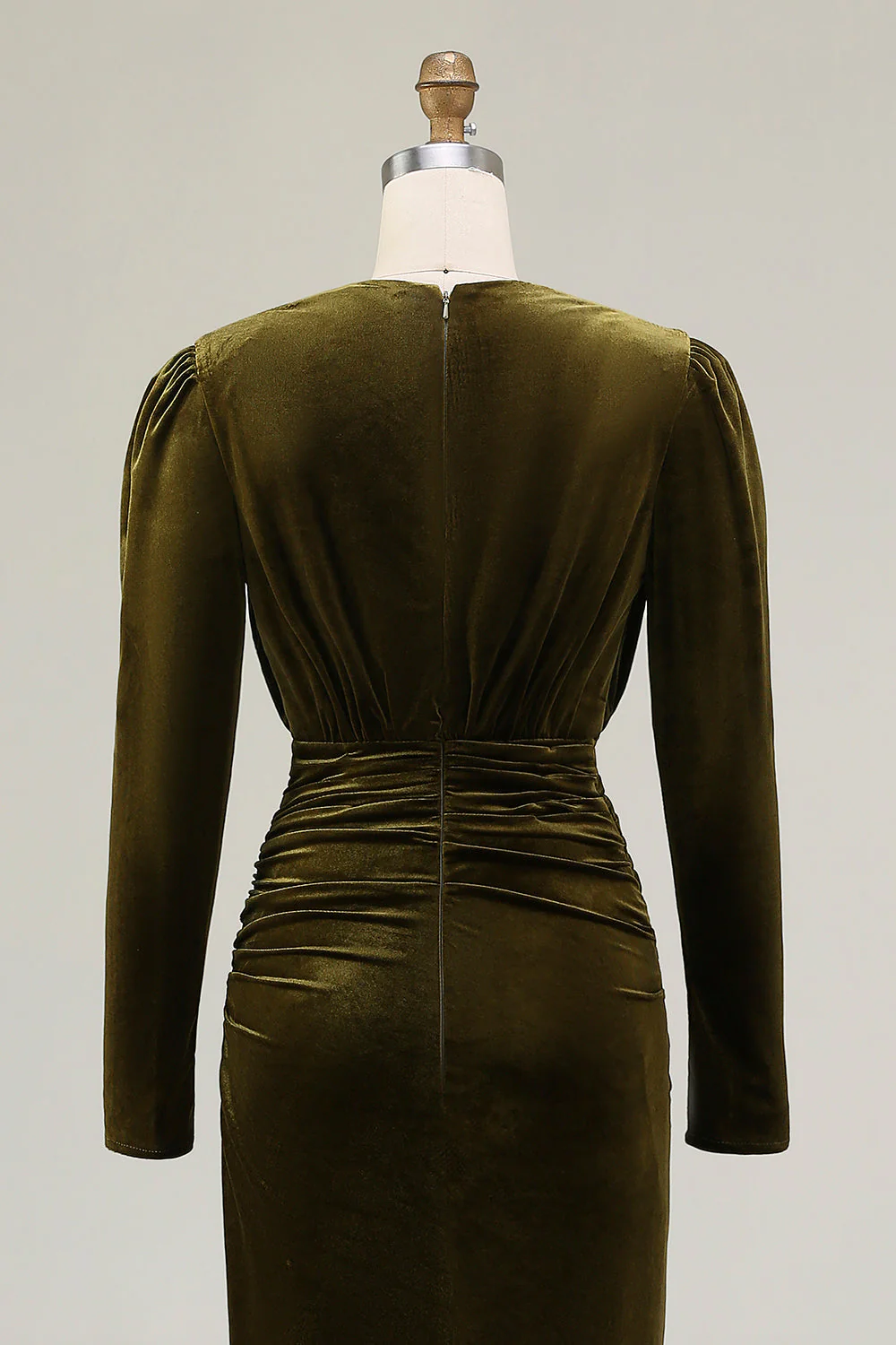 Robe longue formelle en velurs froncé à col en V olive avec fente - Image 7
