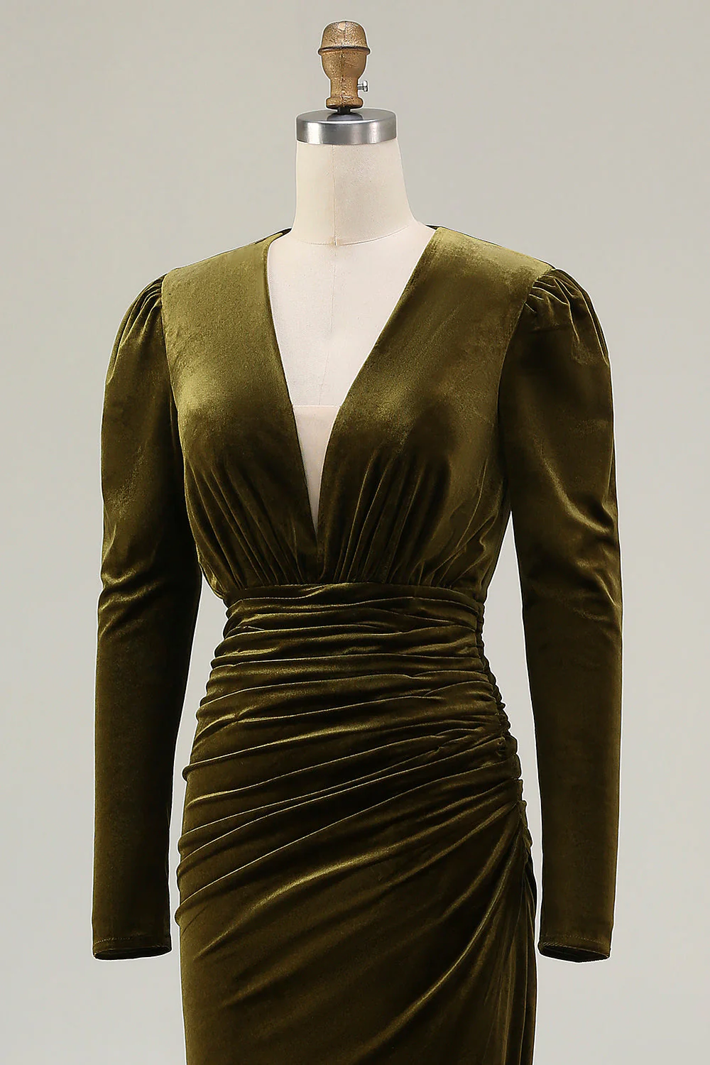 Robe longue formelle en velurs froncé à col en V olive avec fente - Image 8