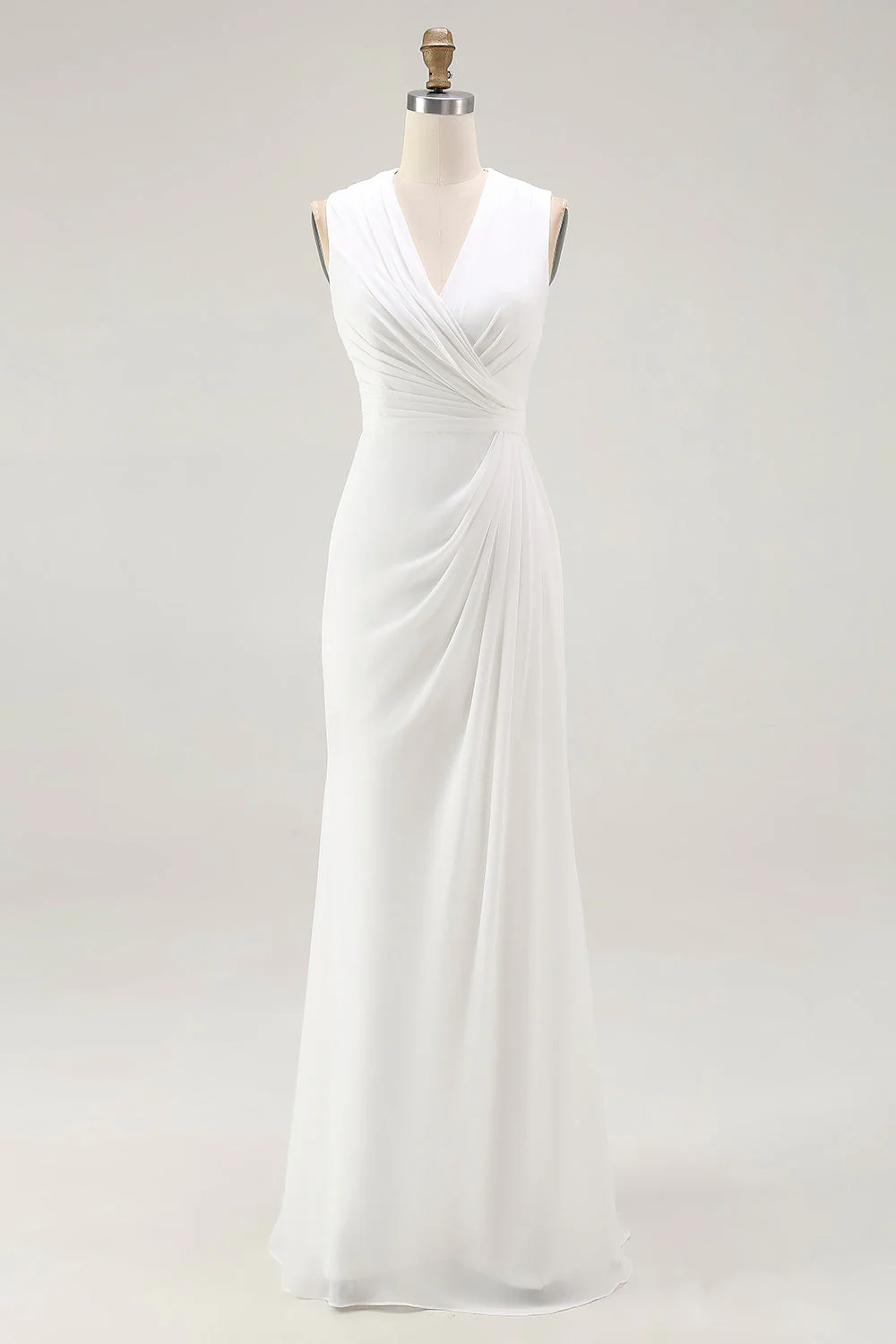 Robe longue formelle froncée blanche à col en V - Image 3