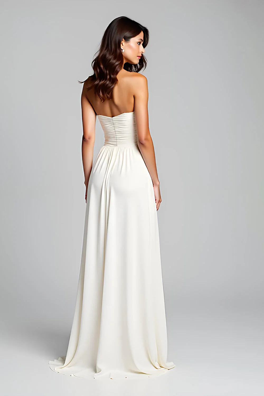 Robe longue formelle froncée sans bretelles blanche fourreau - Image 2