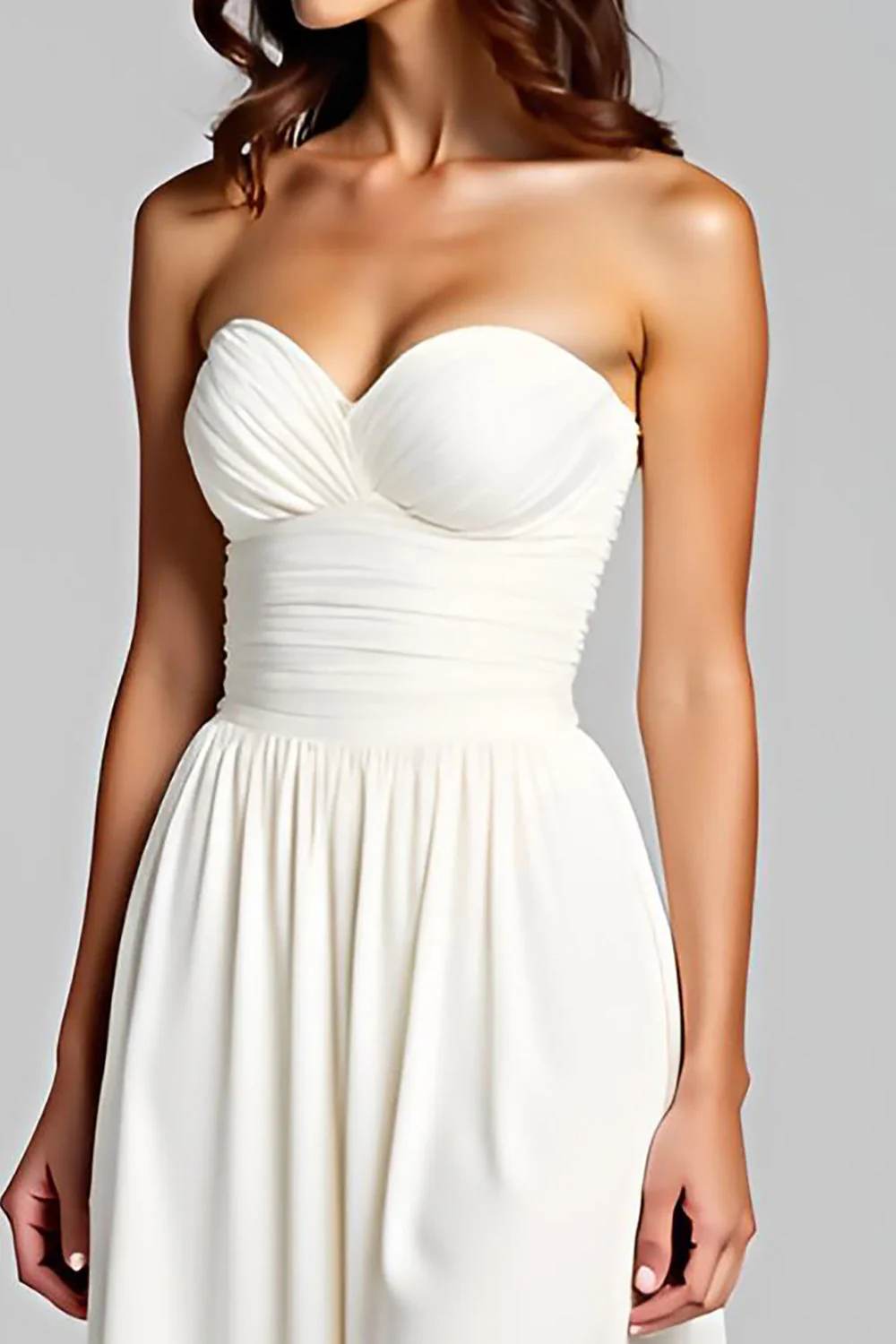 Robe longue formelle froncée sans bretelles blanche fourreau - Image 3