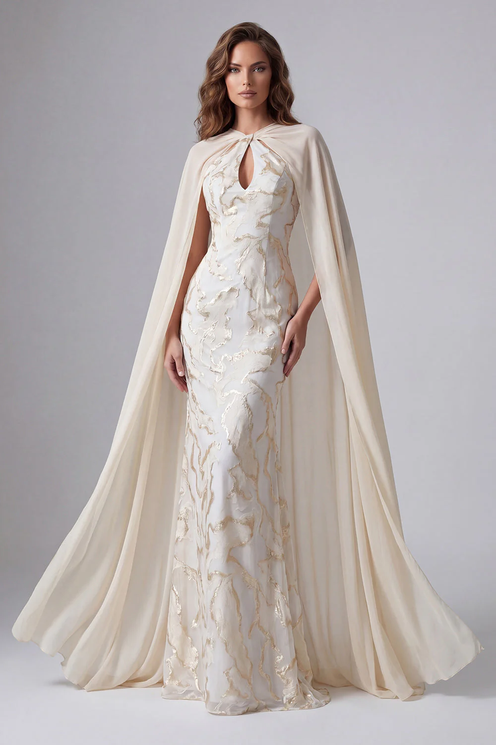 Robe longue formelle imprimée Champagne Sirène avec une cape