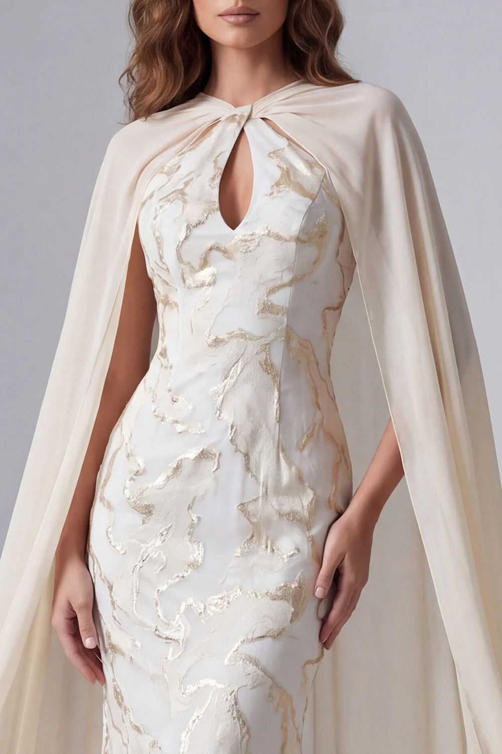 Robe longue formelle imprimée Champagne Sirène avec une cape - Image 3