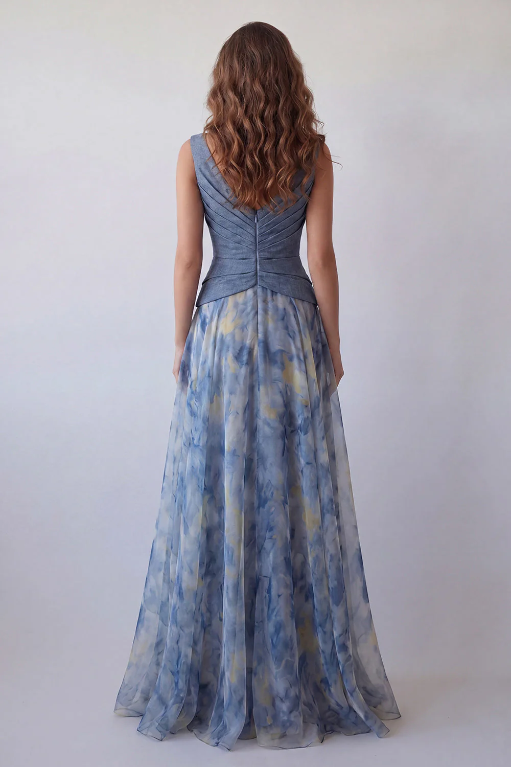 Robe longue formelle longue à fleurs en chiffon en mousseline poussiéreuse bleu A - Image 2