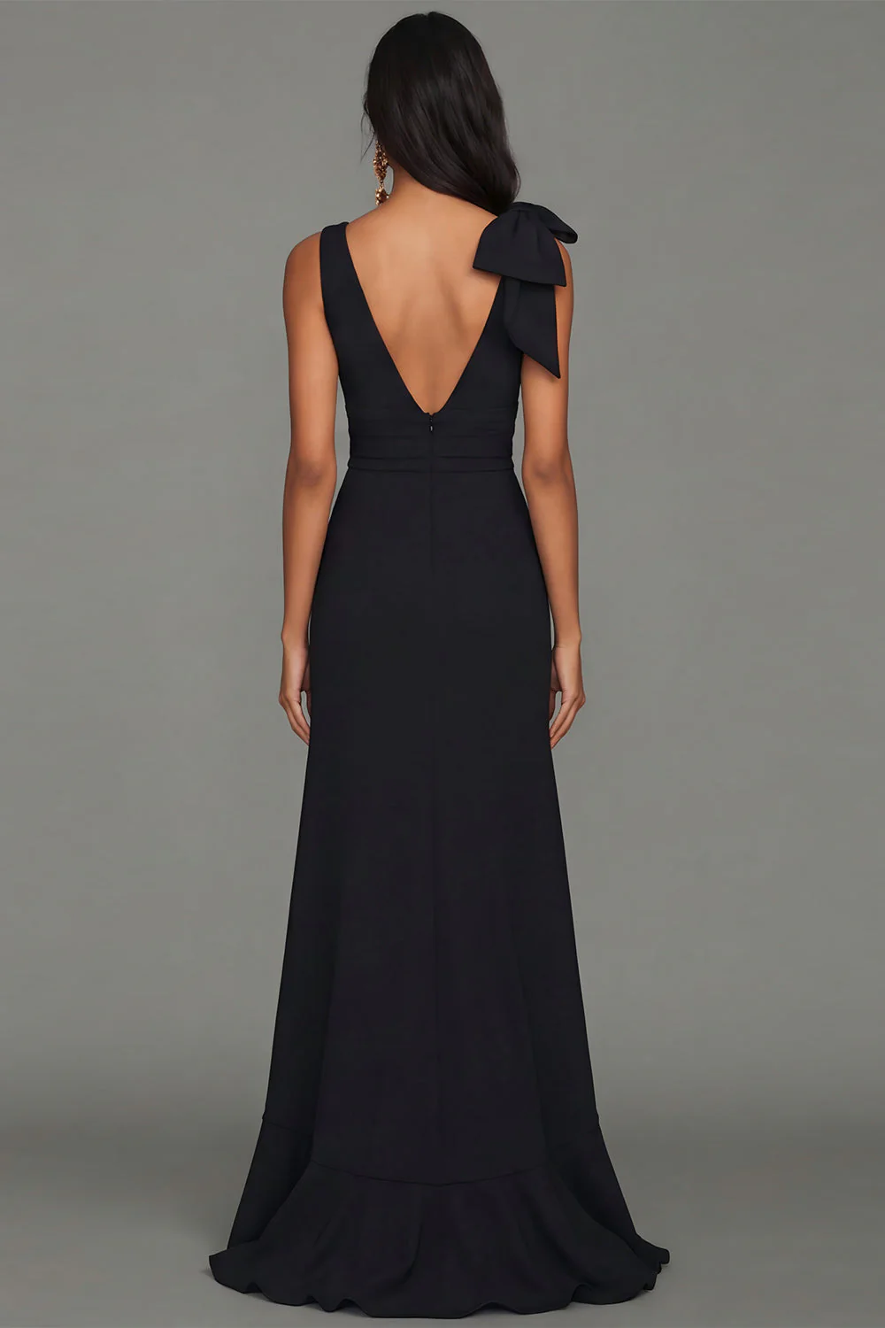 Robe longue formelle noire fourreau à col en V à volants et fente - Image 2