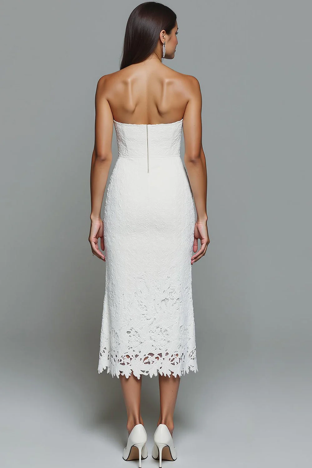 Robe longue formelle sans bretelles en dentelle fourreau blanche - Image 2