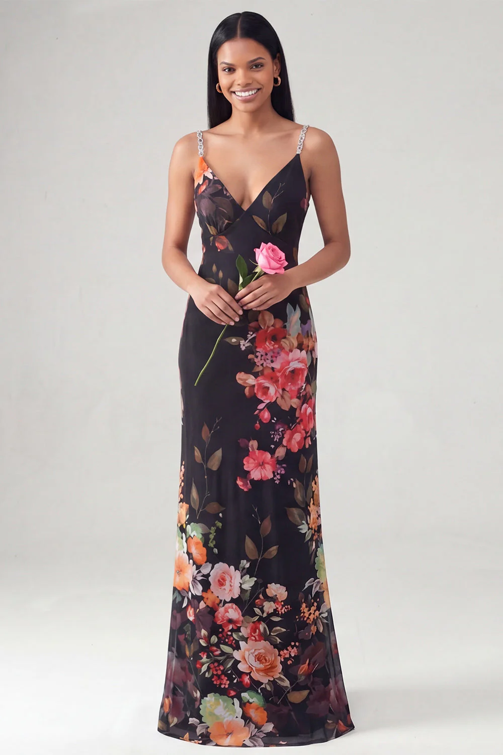 Robe longue formelle sirène à col fleuri en V à bretelles fines noires
