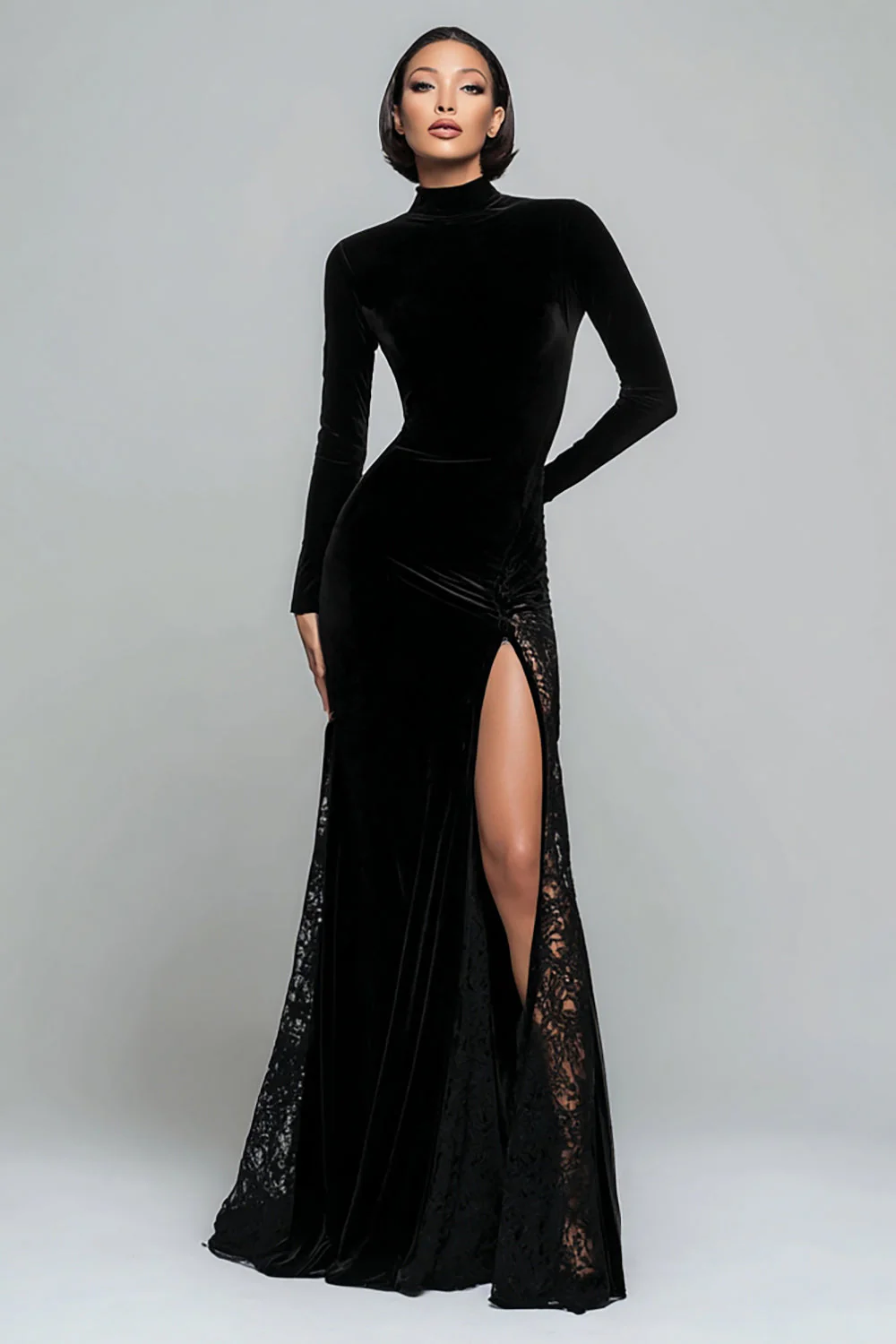 Robe longue formelle sirène à col haut en velours noir avec dentelle