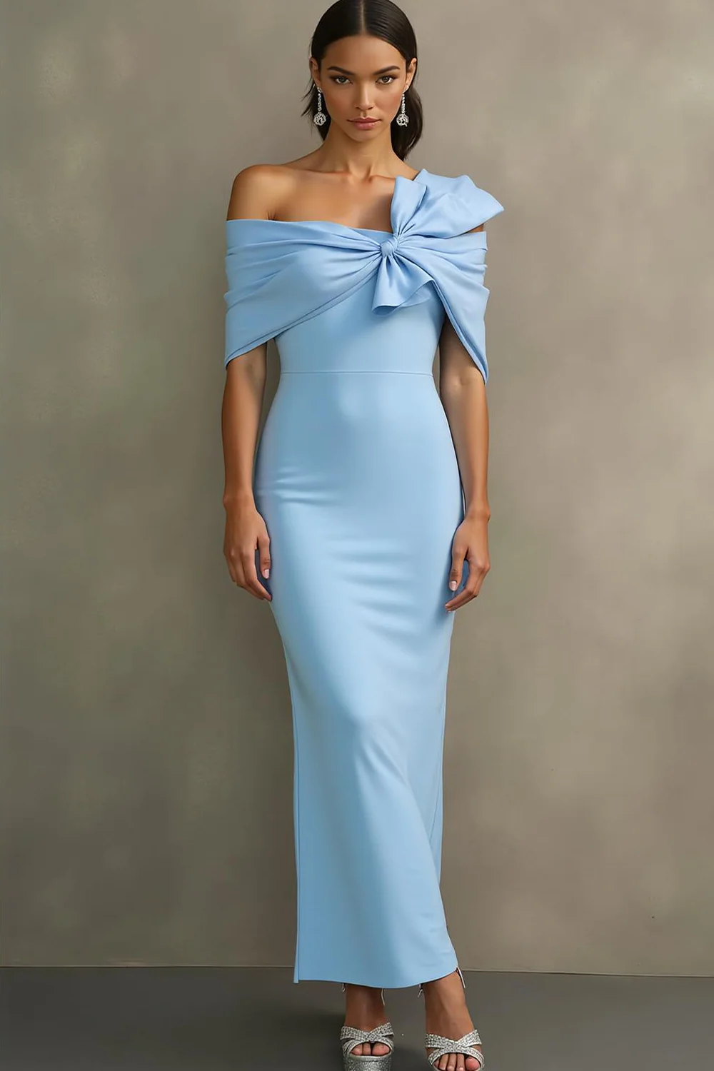 Robe longue formelle sirène bleu ciel à épaules dénudées avec nœud