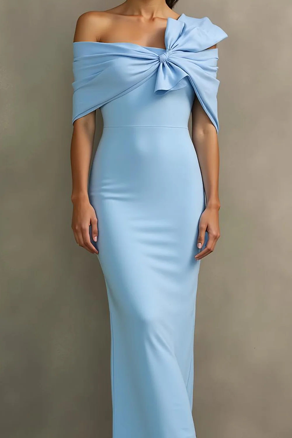 Robe longue formelle sirène bleu ciel à épaules dénudées avec nœud - Image 2