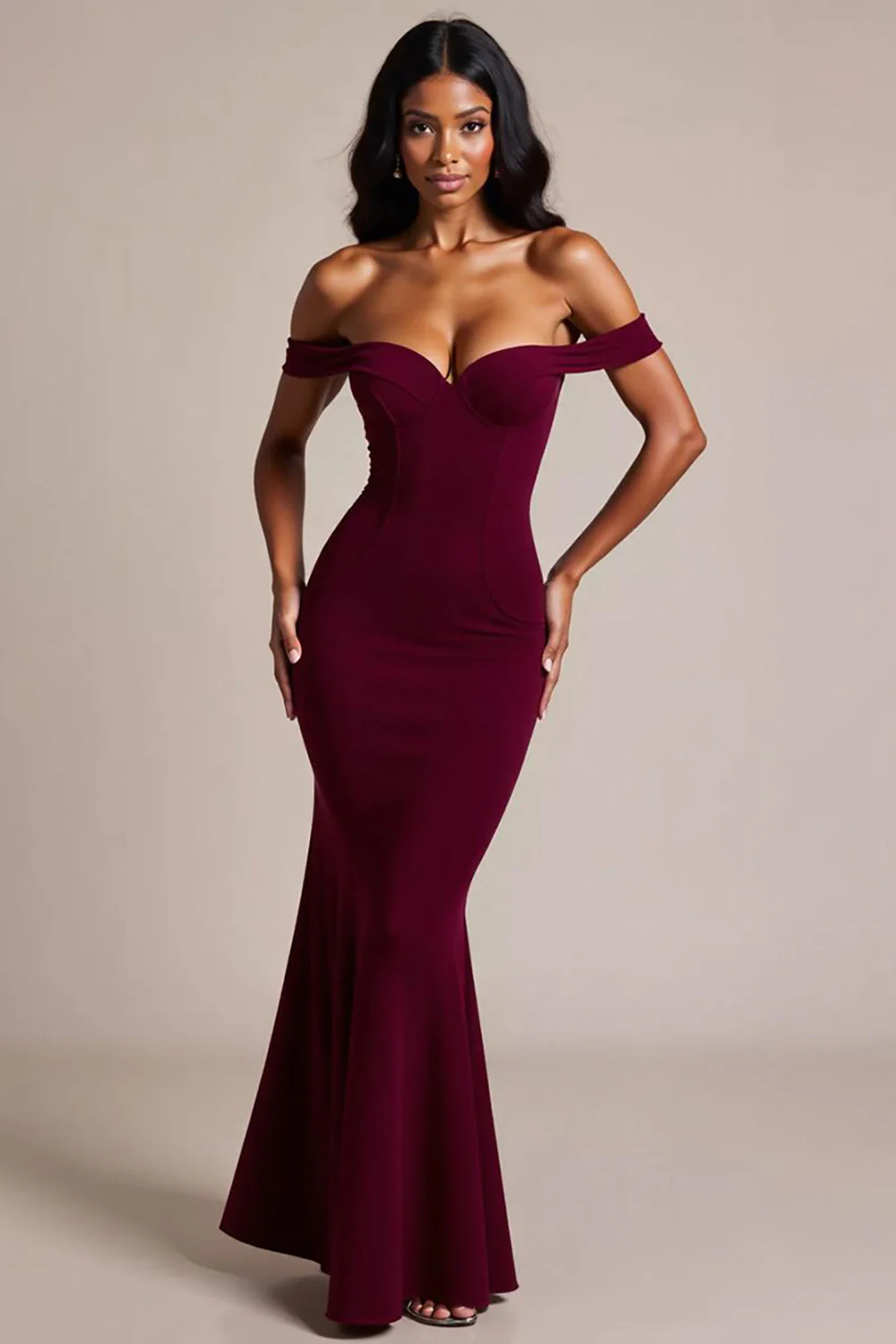 Robe longue formelle sirène bordeaux à épaules dénudées