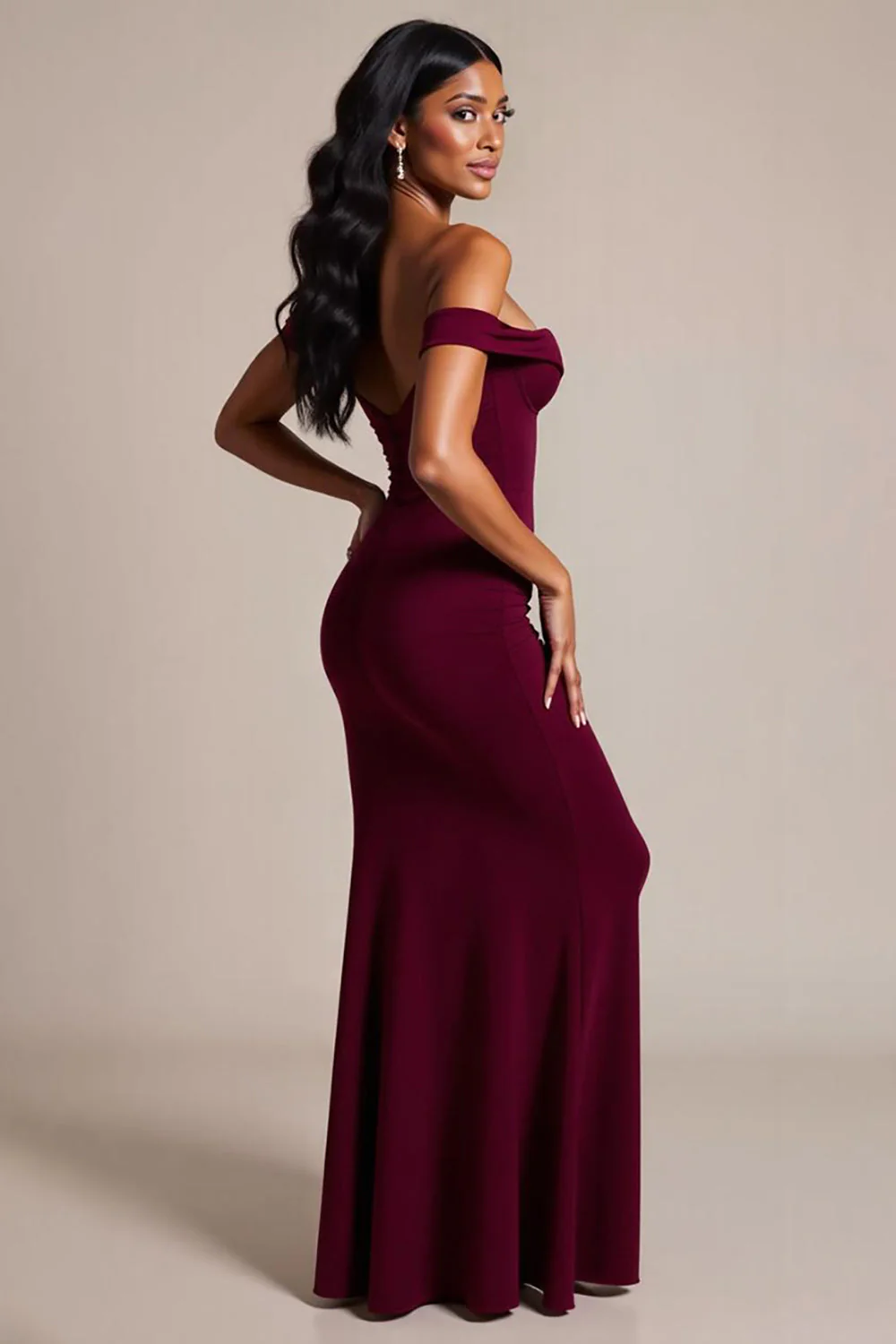 Robe longue formelle sirène bordeaux à épaules dénudées - Image 2