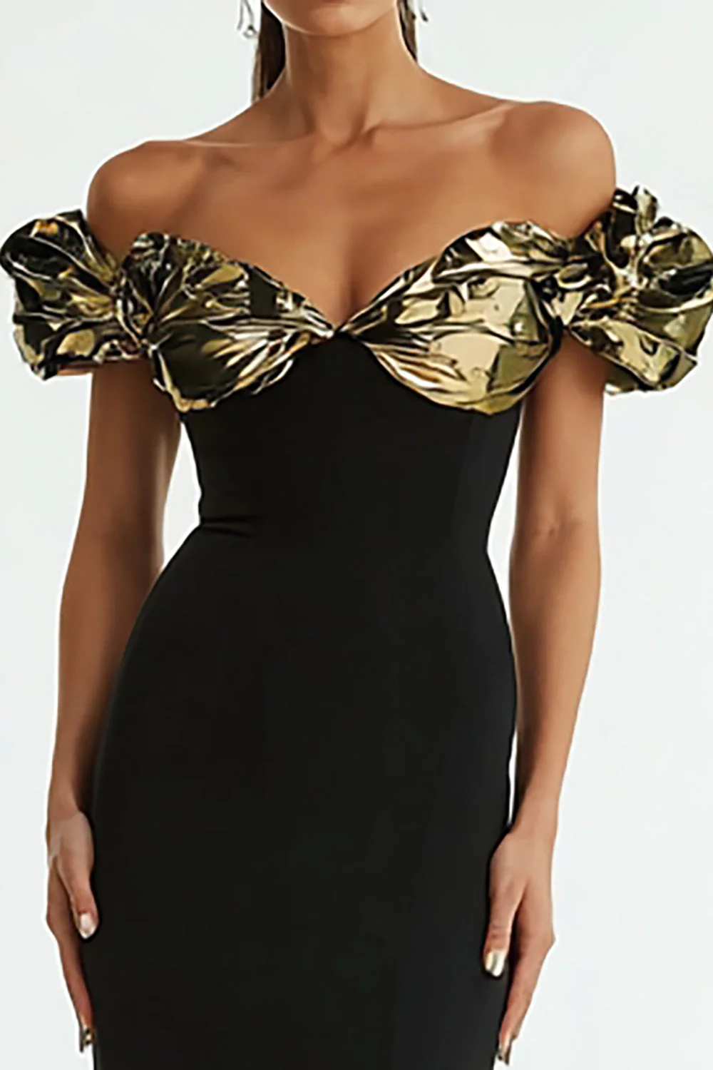 Robe longue formelle sirène noire à épaules dénudées avec volants - Image 2