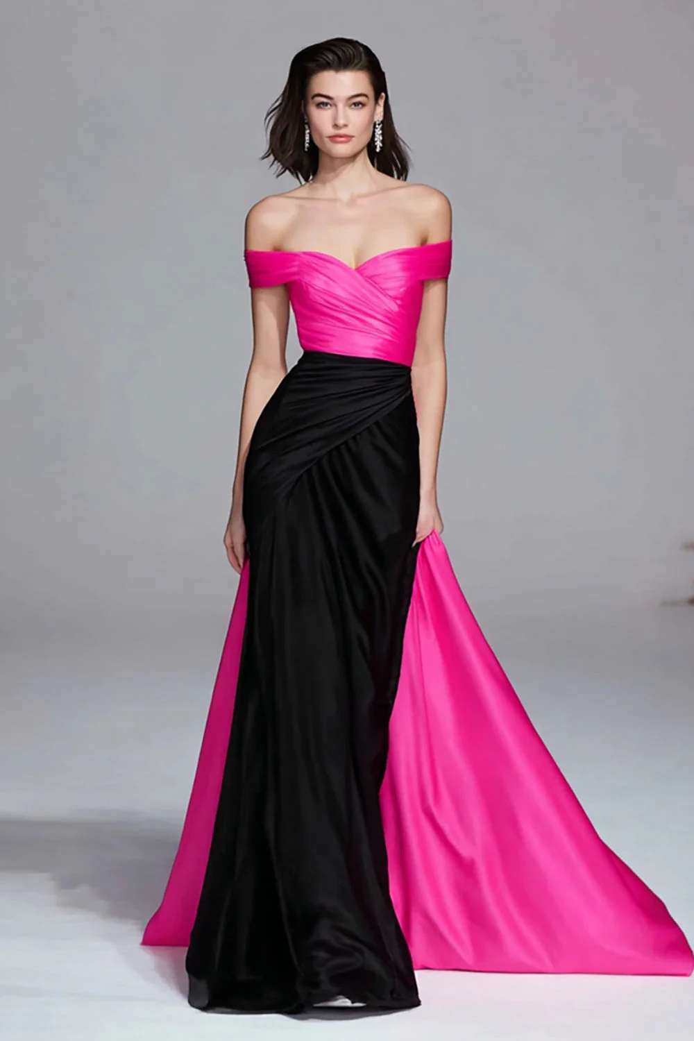 Robe longue formelle sirène noire et fuchsia à épaules dénudées