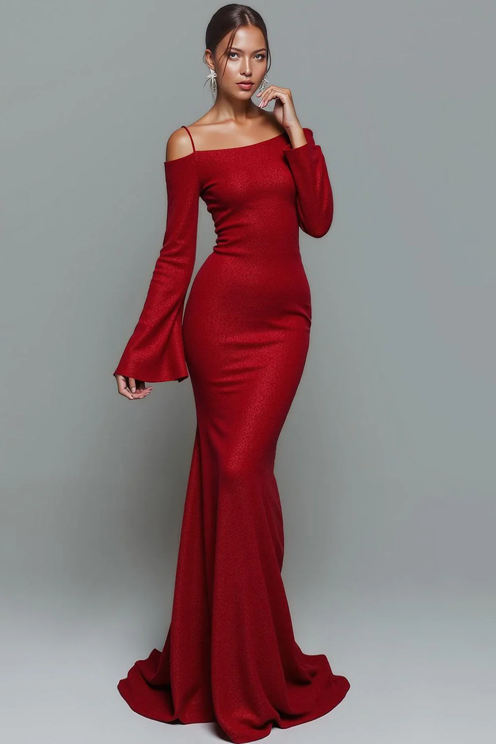 Robe longue formelle sirène rouge à épaules froides avec manches