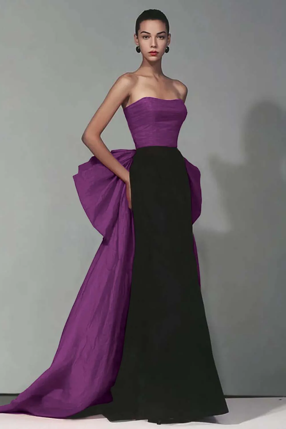 Robe longue formelle sirène sans bretelles noire et rouge avec nœud - Image 11
