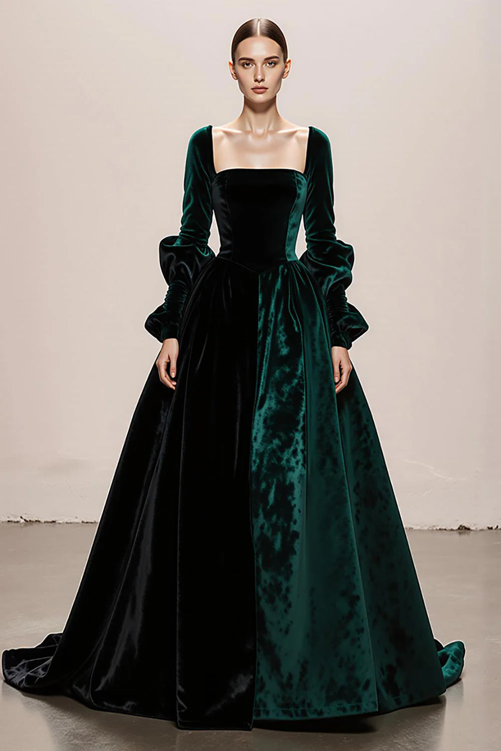 Robe longue formelle trapèze à col carré en velours vert foncé avec manches longues