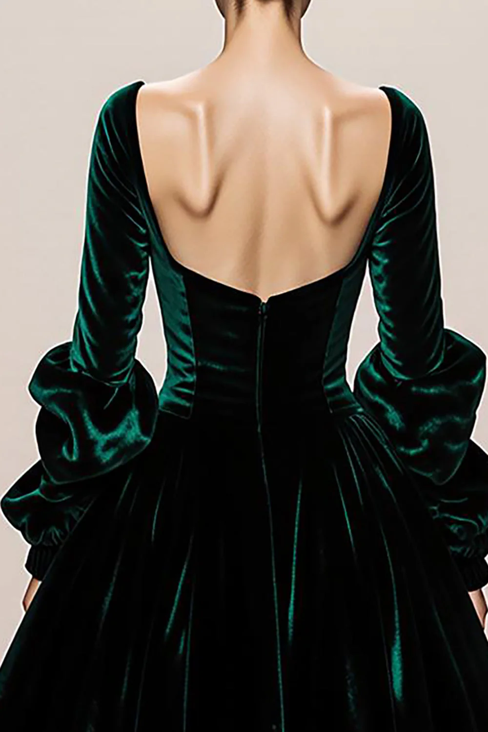 Robe longue formelle trapèze à col carré en velours vert foncé avec manches longues - Image 4