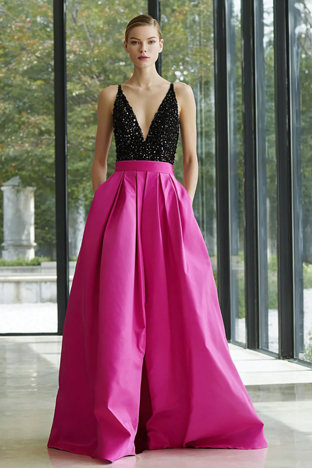 Robe longue formelle trapèze en satin noir et fuchsia scintillant à col en V profond avec poches
