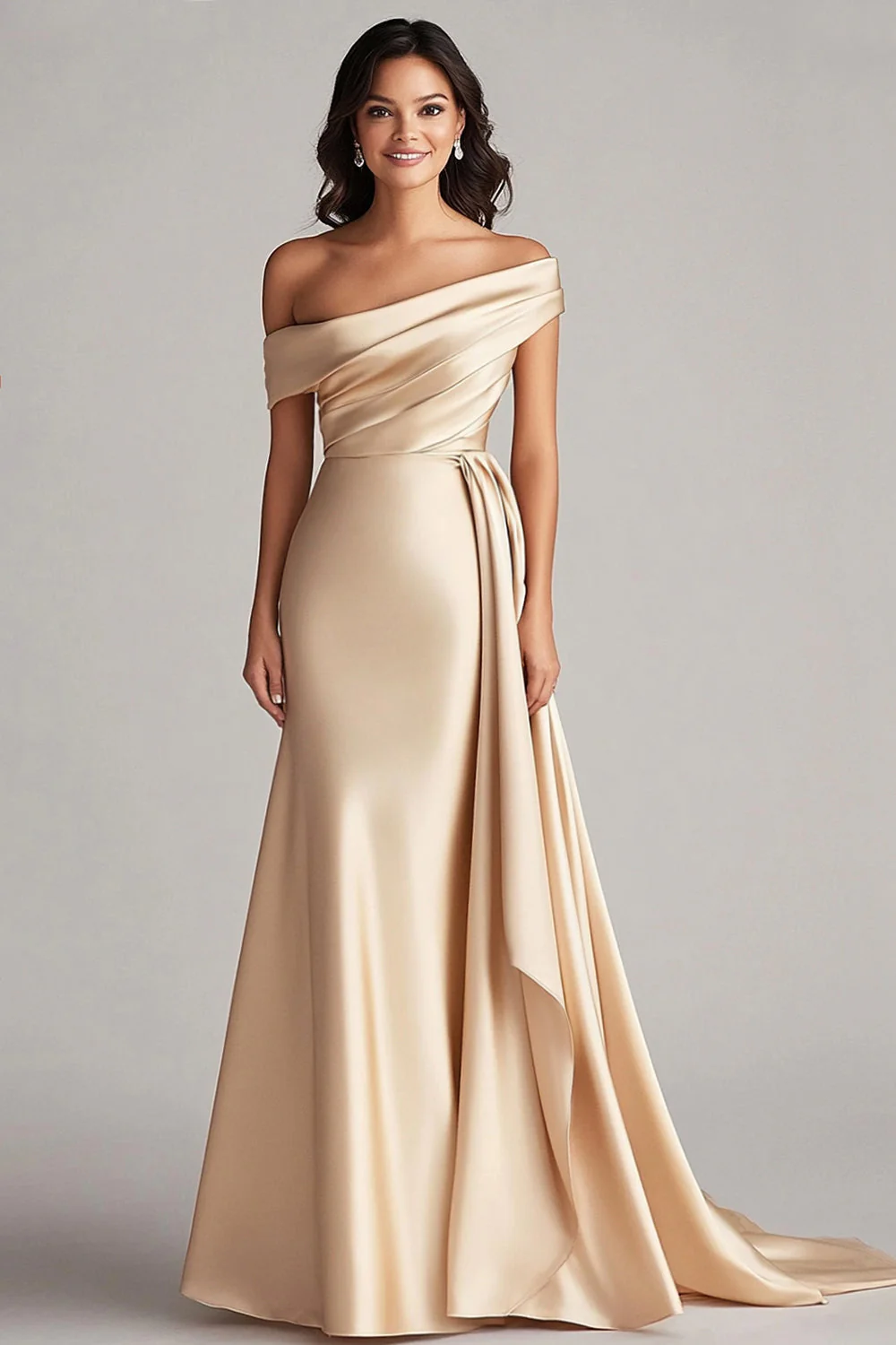 Robe longue fourreau plissée champagne à une épaule - Image 3