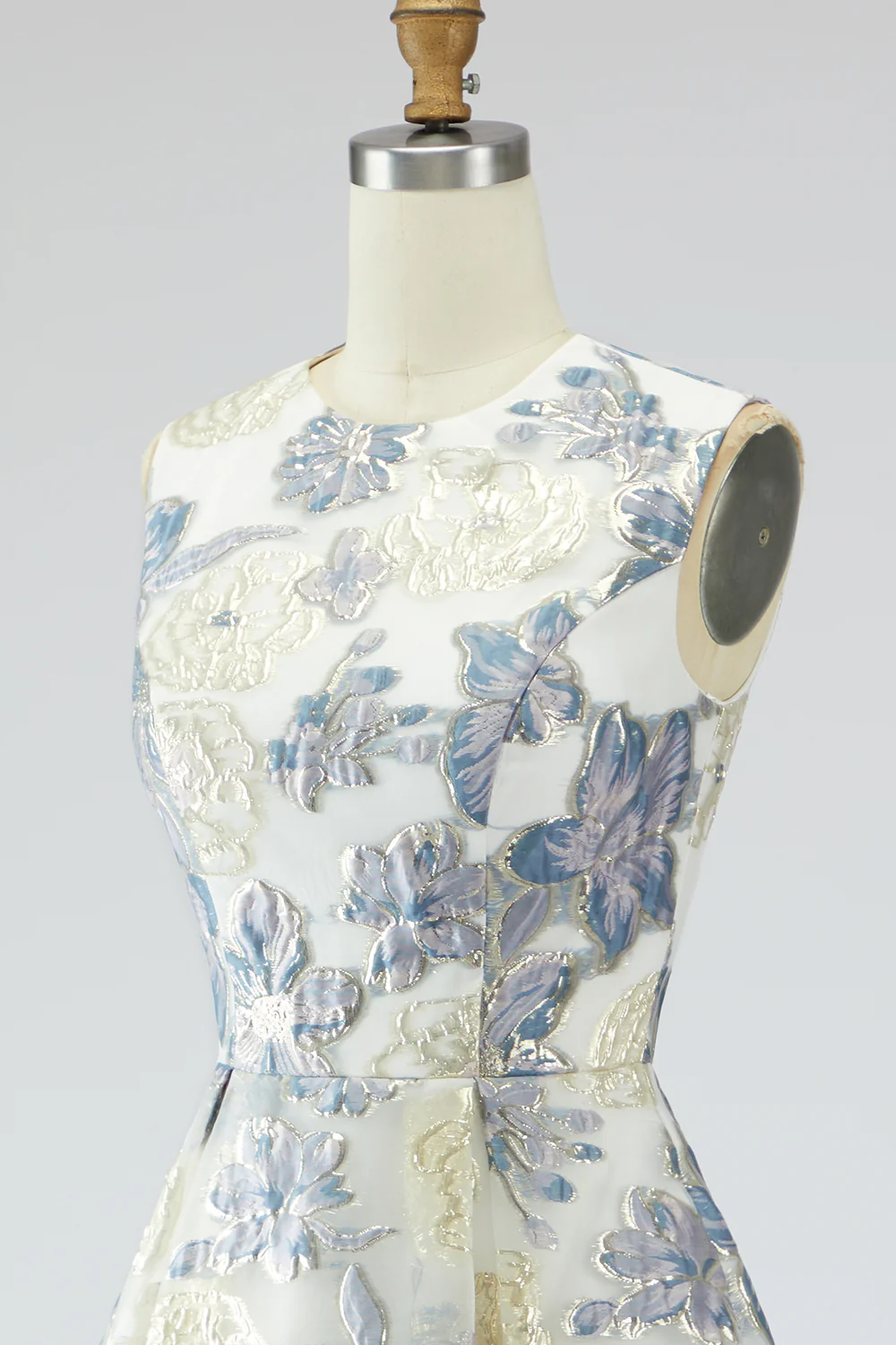 Robe longue bleu poussiéreux ligne A en jacquard fleuri avec poches - Image 10