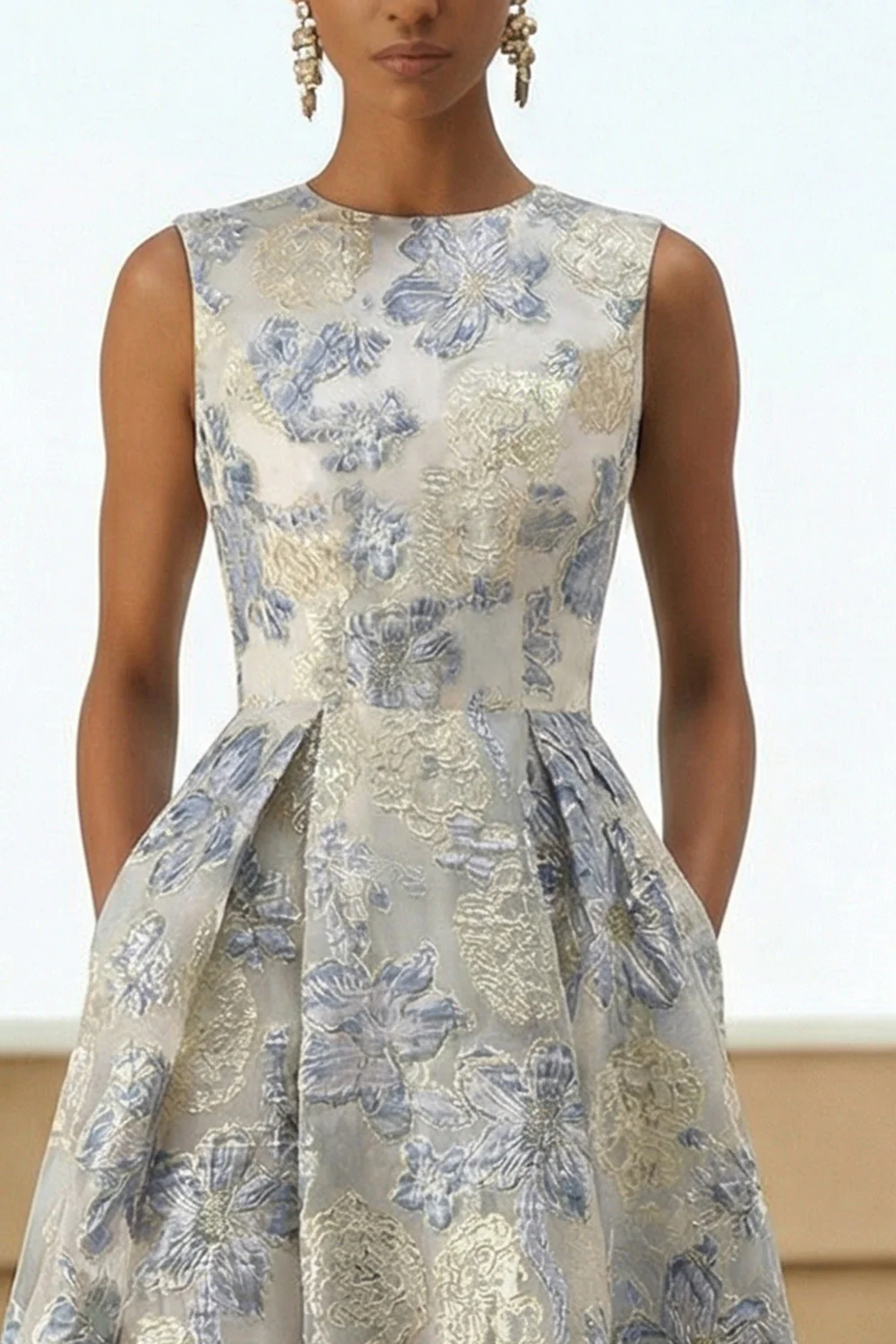 Robe longue bleu poussiéreux ligne A en jacquard fleuri avec poches - Image 5