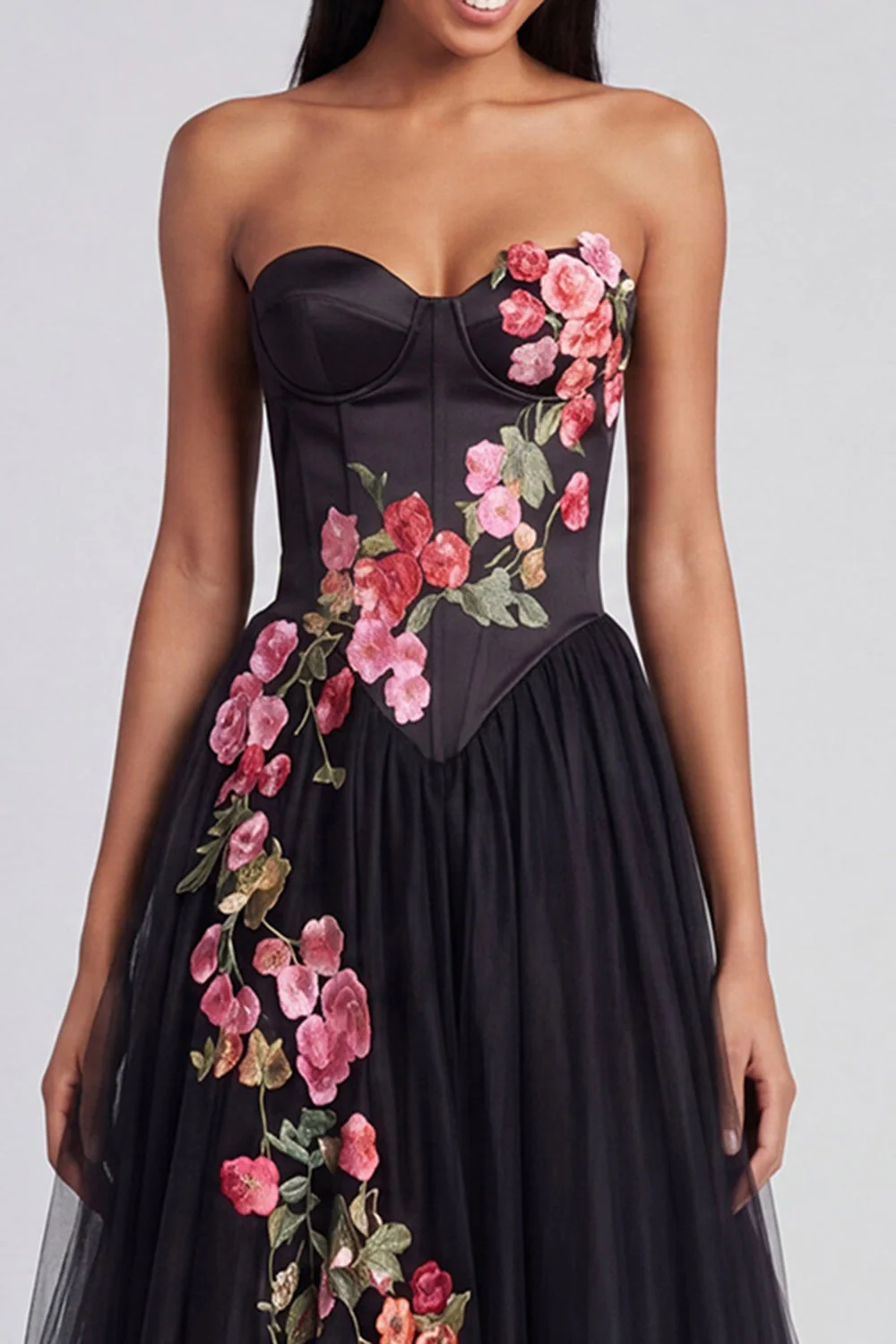Robe longue longue de cérémonie longue en tulle noir à fleurs en forme de ligne A - Image 3