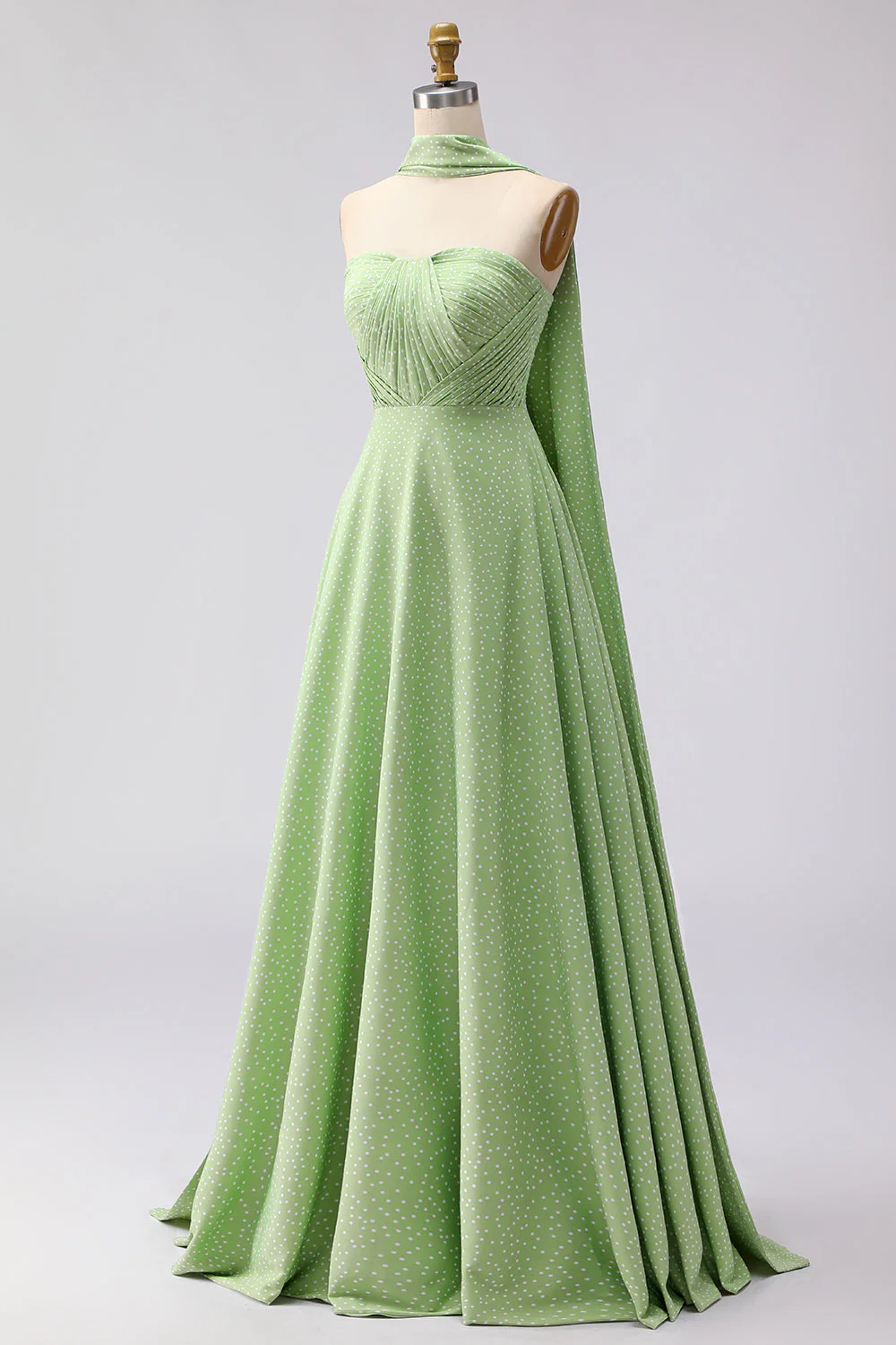Robe longue longue de demoiselle d’honneur décapotable plissée à points verts blancs A Line - Image 3
