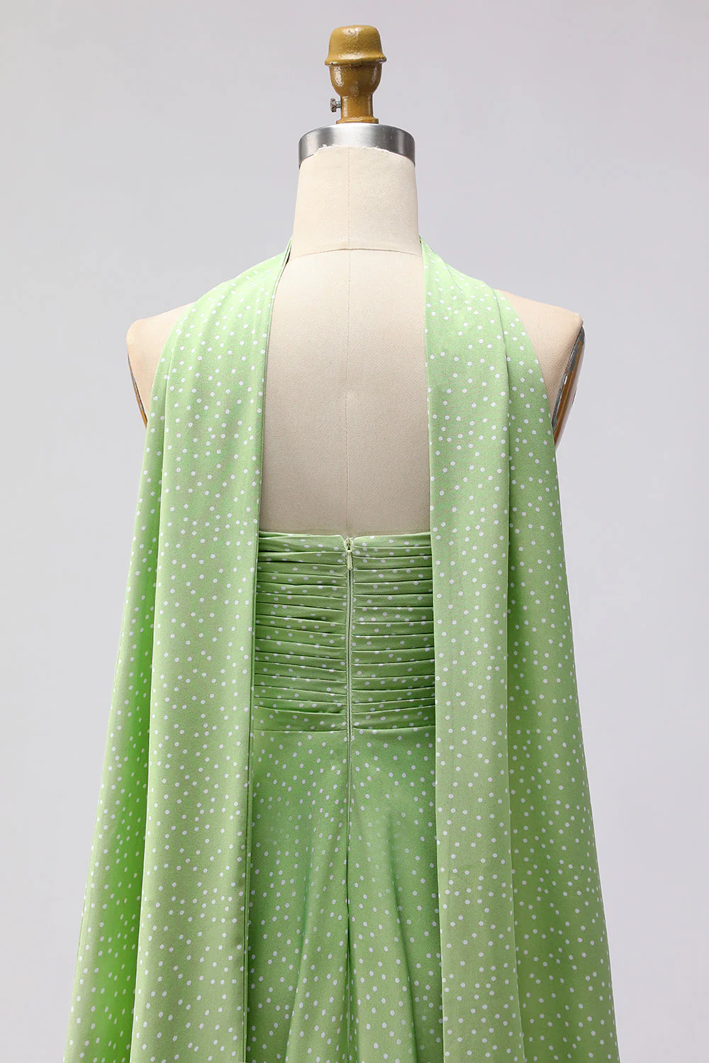 Robe longue longue de demoiselle d’honneur décapotable plissée à points verts blancs A Line - Image 6