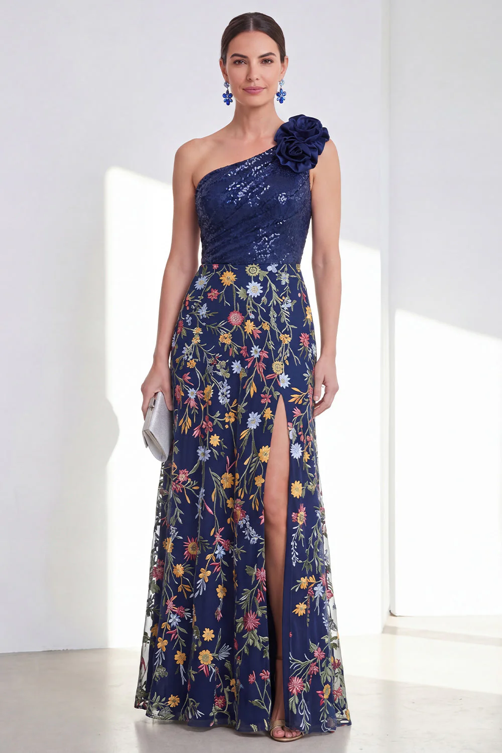 Robe longue longue mère de la mariée à fentes en A-Line marine scintillante bleu marine à une épaule