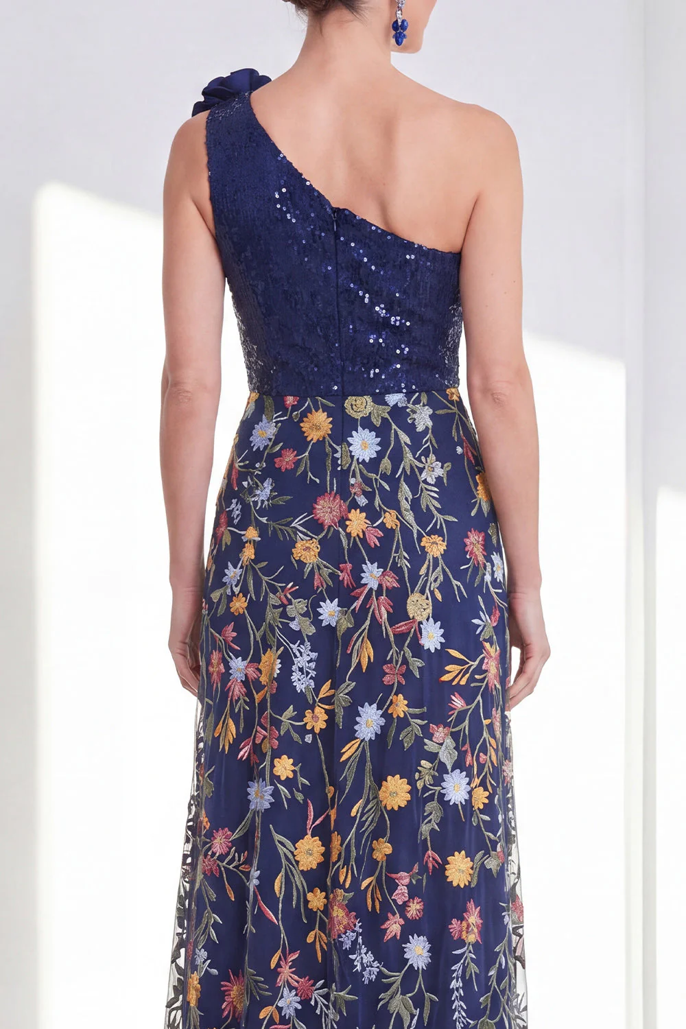 Robe longue longue mère de la mariée à fentes en A-Line marine scintillante bleu marine à une épaule - Image 4