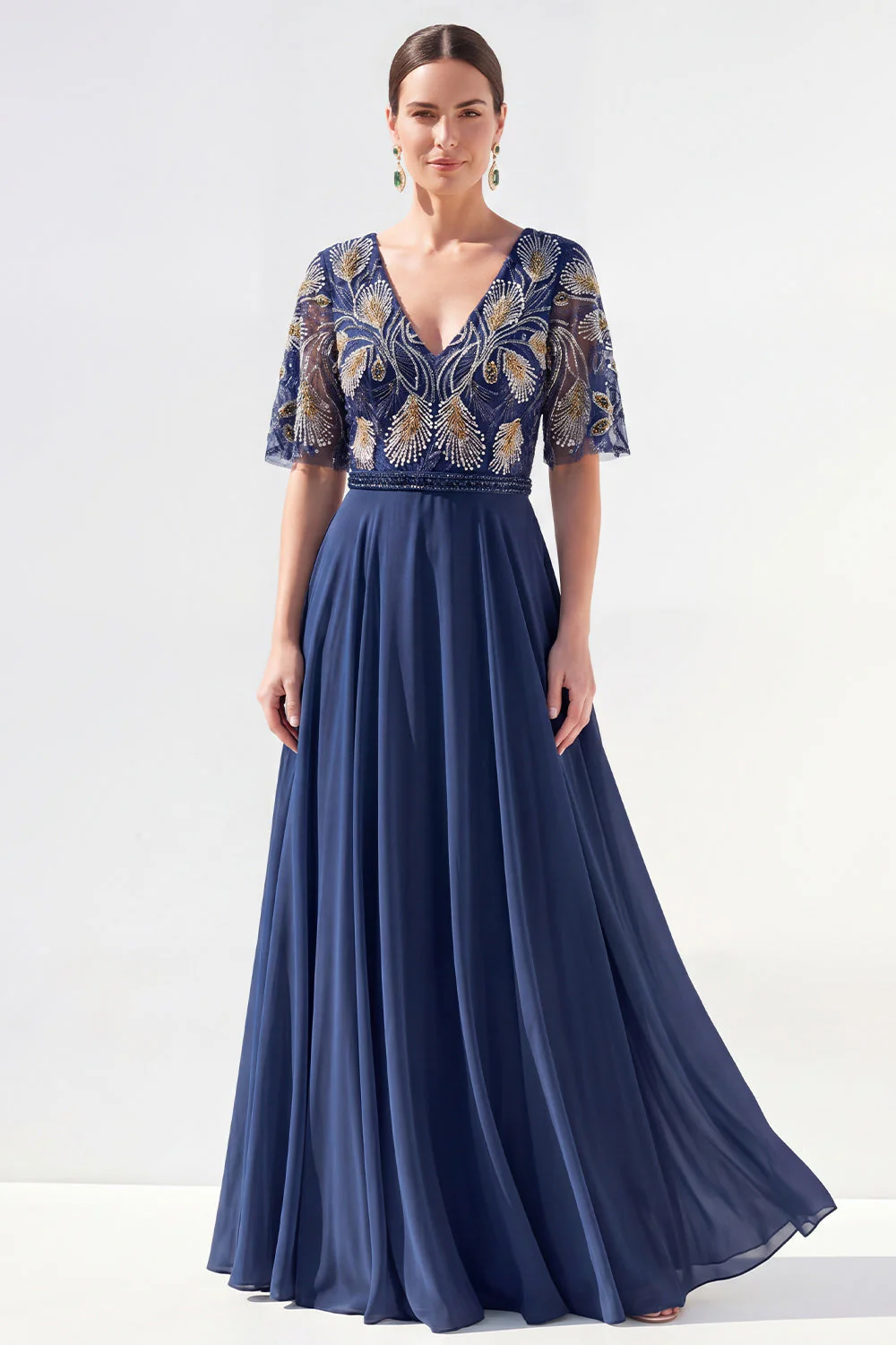 Robe longue longue mère de la mariée en chiffon vert à col en V et longueur de la mariée avec perles - Image 13