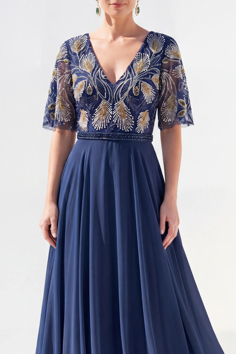 Robe longue longue mère de la mariée en chiffon vert à col en V et longueur de la mariée avec perles - Image 15