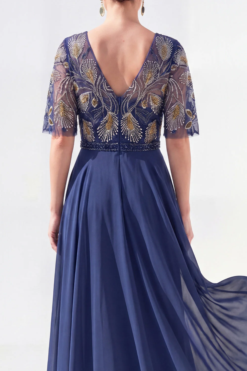 Robe longue longue mère de la mariée en chiffon vert à col en V et longueur de la mariée avec perles - Image 16