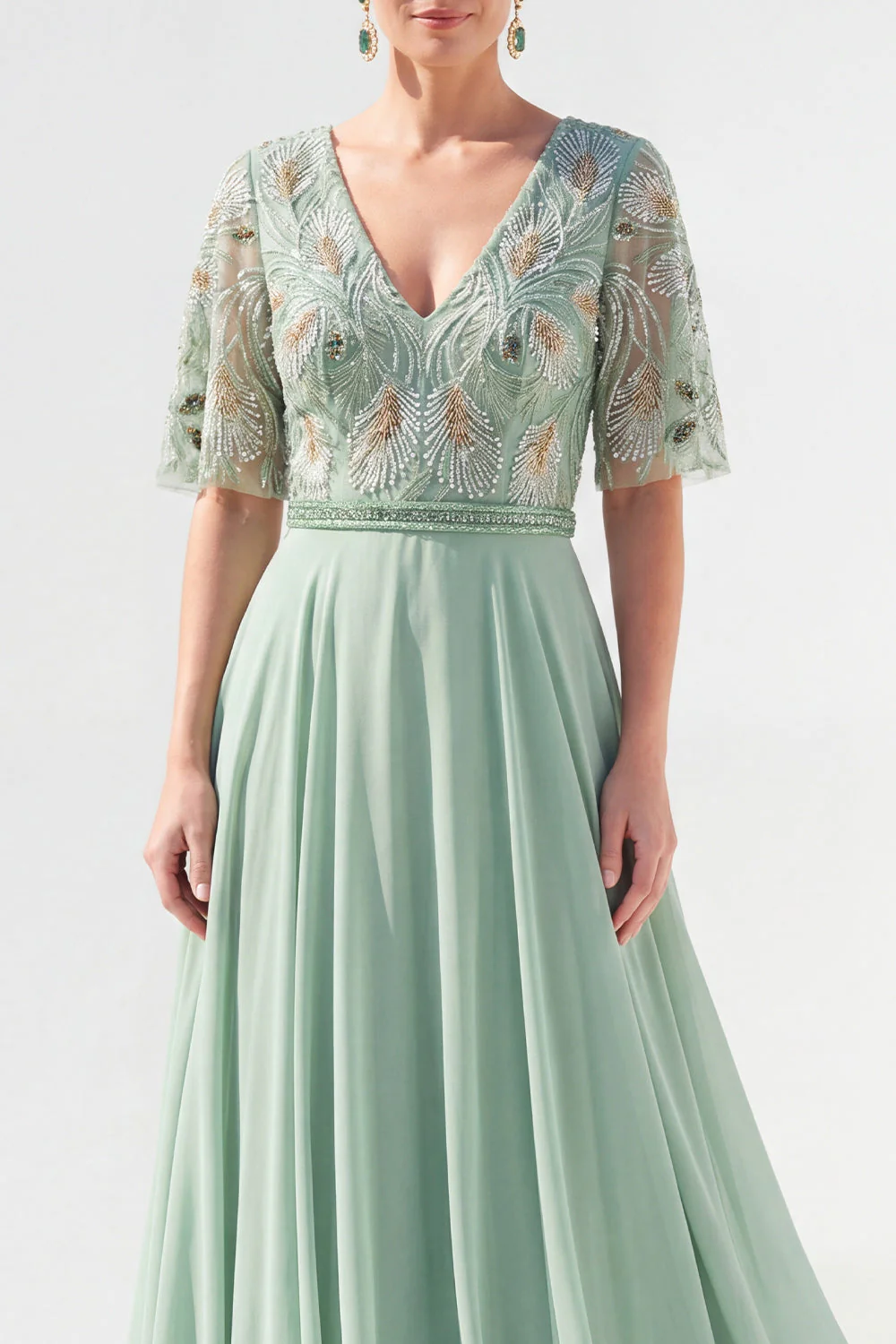 Robe longue longue mère de la mariée en chiffon vert à col en V et longueur de la mariée avec perles - Image 3