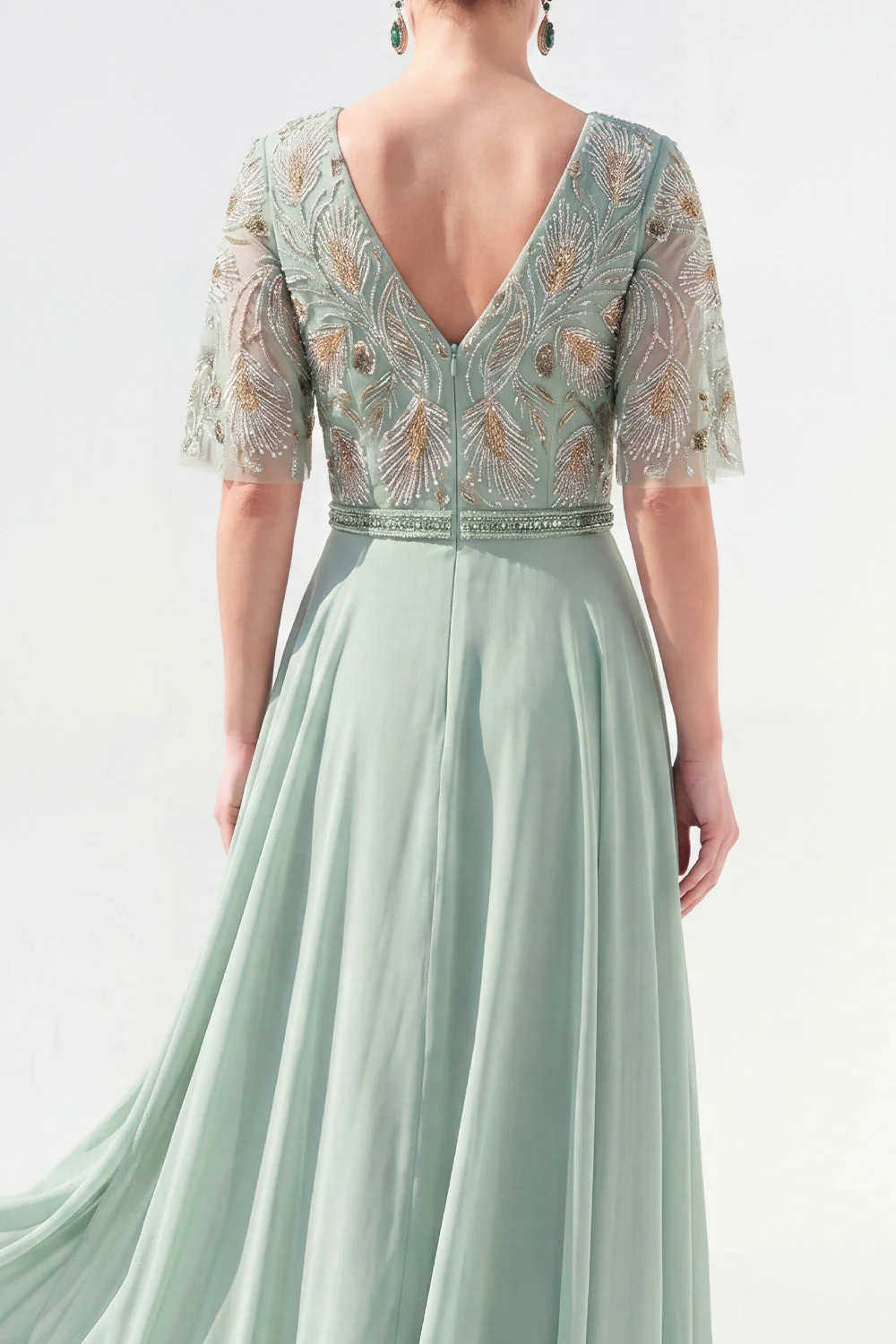 Robe longue longue mère de la mariée en chiffon vert à col en V et longueur de la mariée avec perles - Image 4