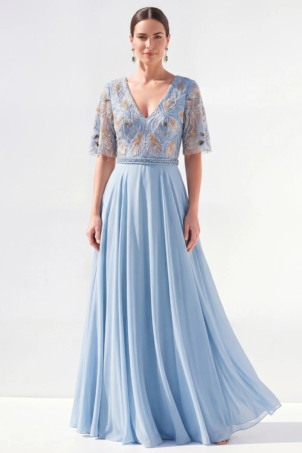 Robe longue longue mère de la mariée en chiffon vert à col en V et longueur de la mariée avec perles - Image 5