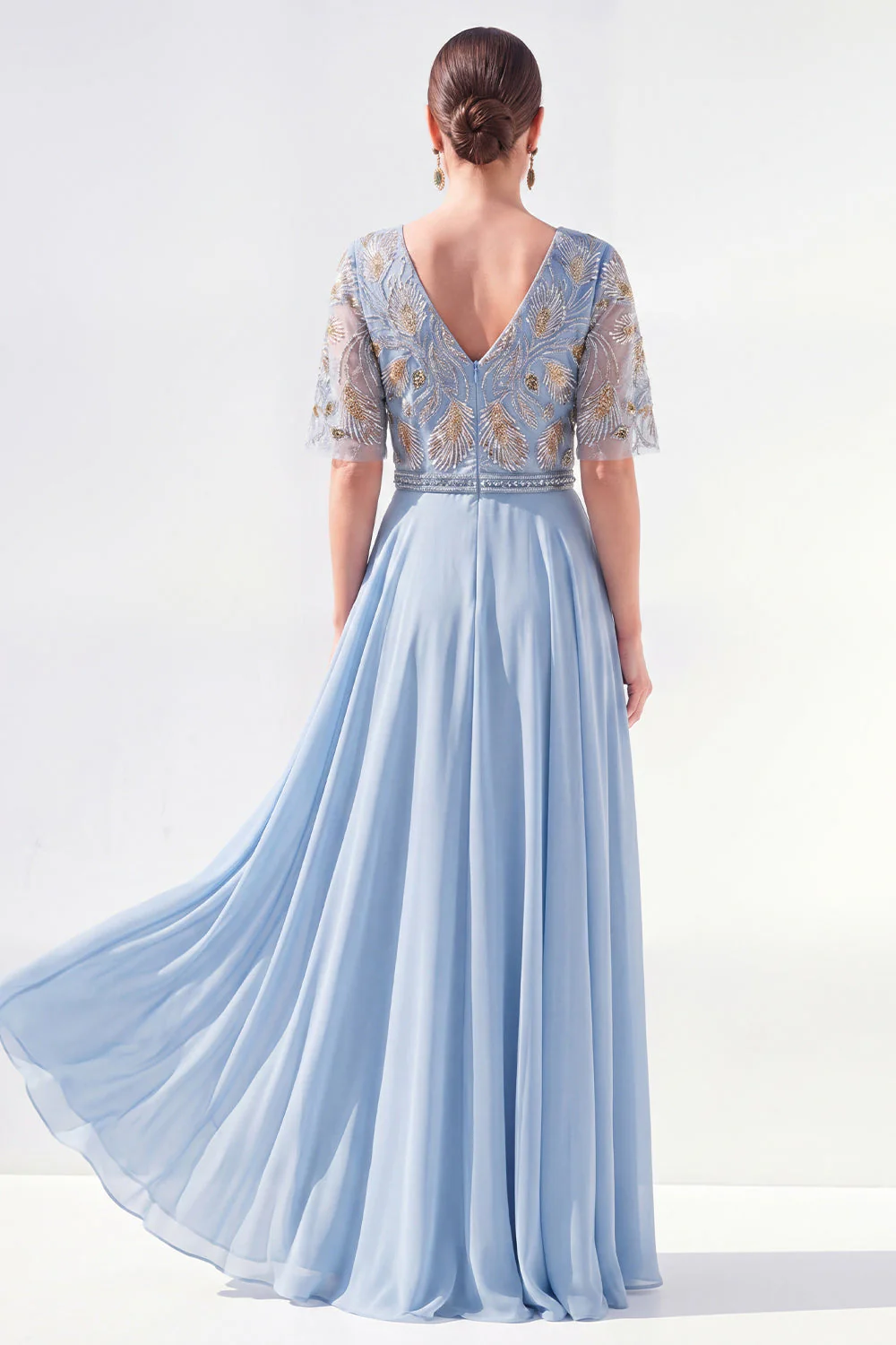 Robe longue longue mère de la mariée en chiffon vert à col en V et longueur de la mariée avec perles - Image 6