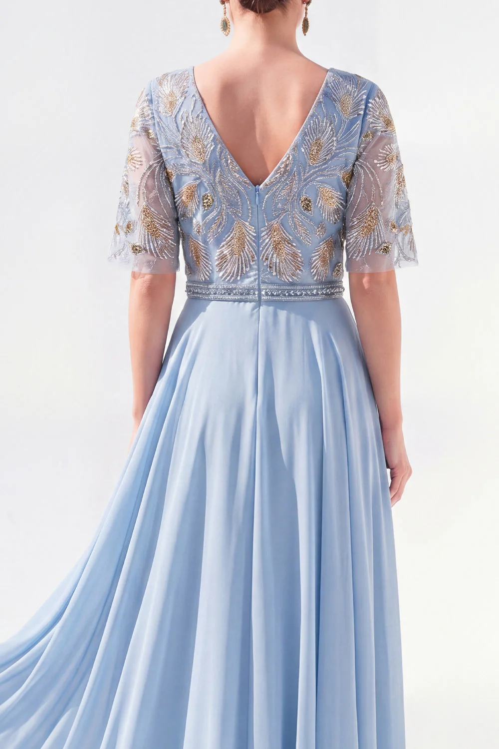 Robe longue longue mère de la mariée en chiffon vert à col en V et longueur de la mariée avec perles - Image 8