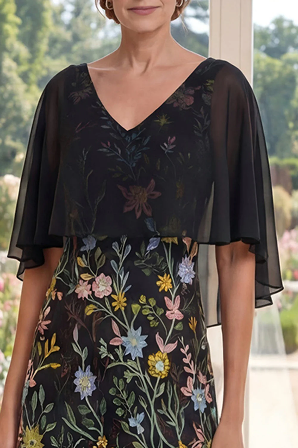 Robe longue longue mère de mariée brodée en tulle noir A-line avec manches flottantes - Image 3