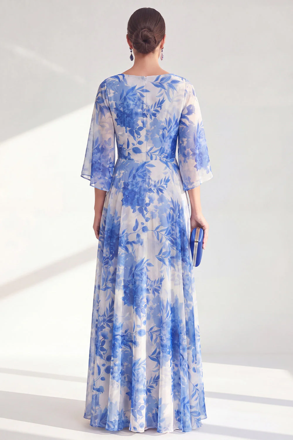 Robe longue marge de mariée en chiffon à col bateau rouge ligne A avec manches 3/4 - Image 6