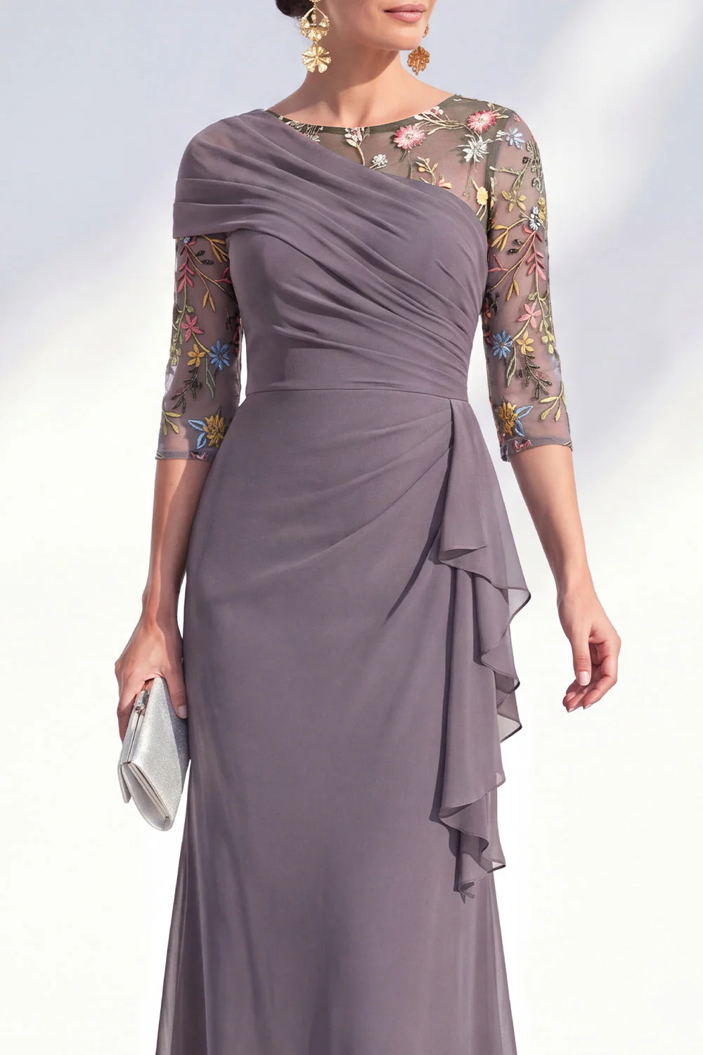 Robe longue marme de mariée en mousseline à col bateau sirène verte en chiffon - Image 11