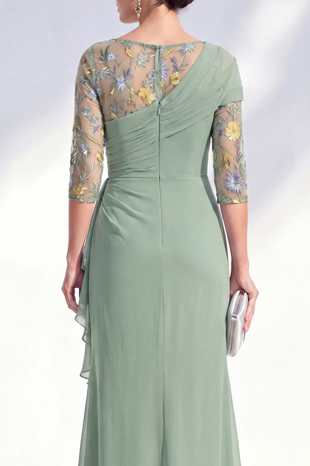 Robe longue marme de mariée en mousseline à col bateau sirène verte en chiffon - Image 4