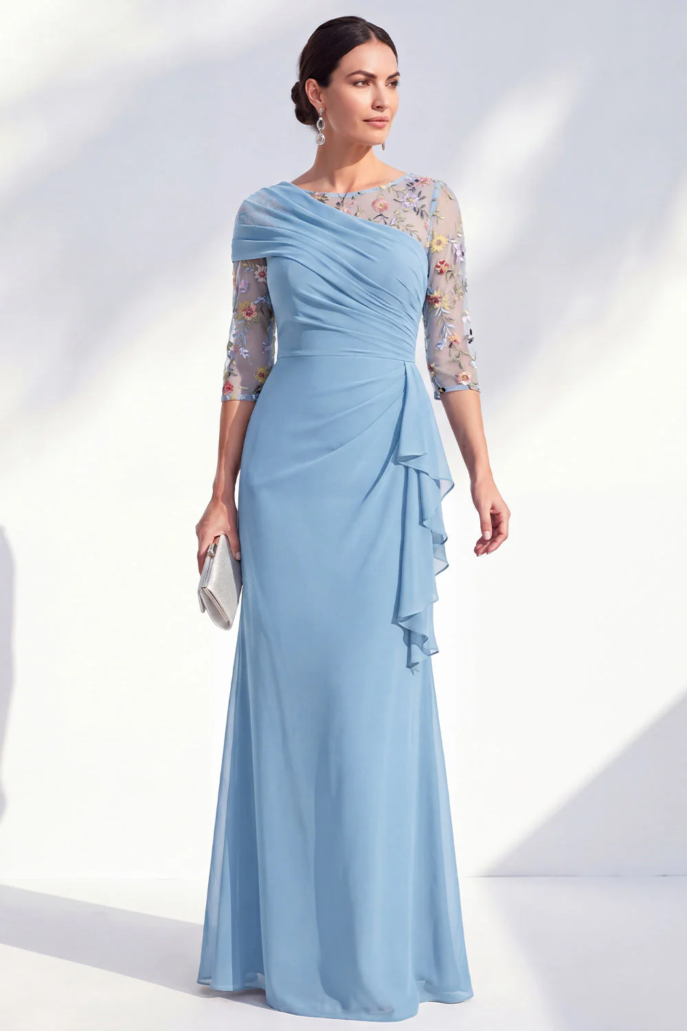 Robe longue marme de mariée en mousseline à col bateau sirène verte en chiffon - Image 5